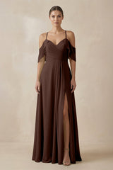 Chiffon A - Line Long Bridesmaid Dress in Espresso - KissProm Bridesmaid Dresses