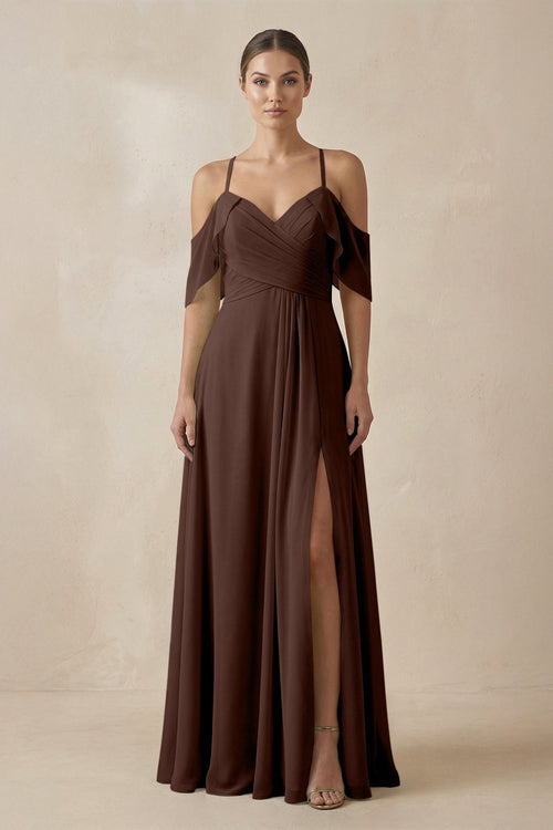 Chiffon A - Line Long Bridesmaid Dress in Espresso - KissProm Bridesmaid Dresses