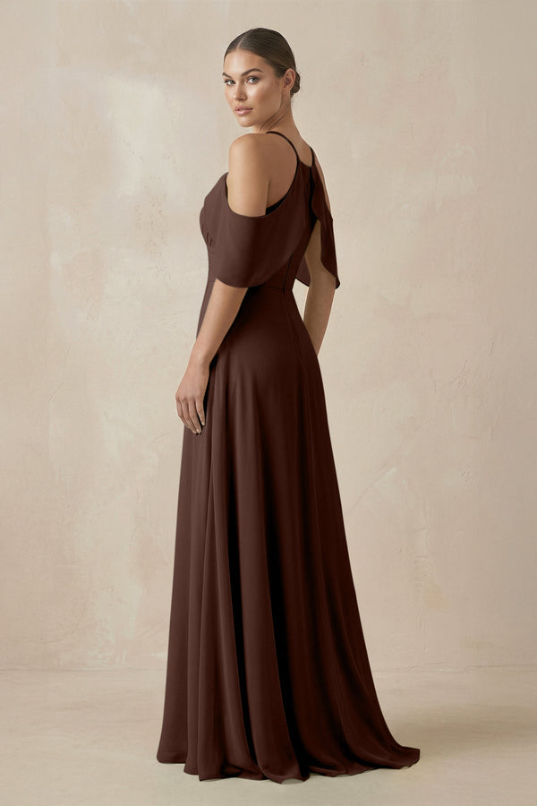 Chiffon A - Line Long Bridesmaid Dress in Espresso - KissProm Bridesmaid Dresses