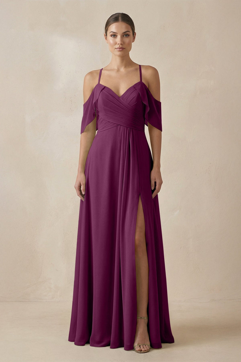 Chiffon A - Line Long Bridesmaid Dress in Fig - KissProm Bridesmaid Dresses