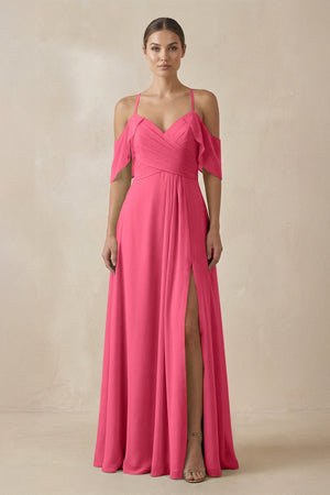 Chiffon A - Line Long Bridesmaid Dress in Fuchsia - KissProm Bridesmaid Dresses