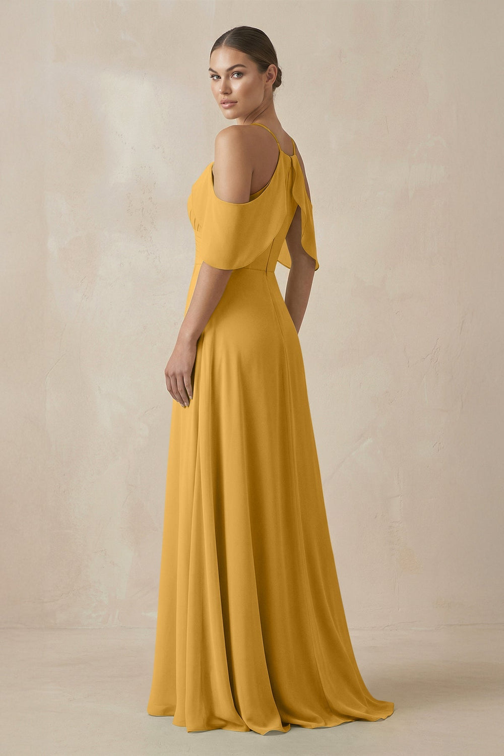 Chiffon A - Line Long Bridesmaid Dress in Marigold - KissProm Bridesmaid Dresses