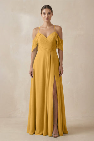 Chiffon A - Line Long Bridesmaid Dress in Marigold - KissProm Bridesmaid Dresses