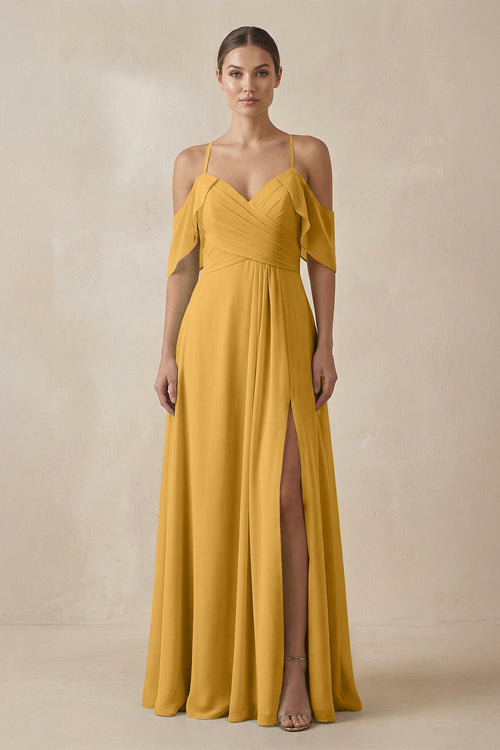 Chiffon A - Line Long Bridesmaid Dress in Marigold - KissProm Bridesmaid Dresses