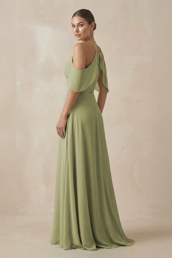 KissProm Chiffon A-Line Long Bridesmaid Dress in Moss Green, Moss Green / 20
