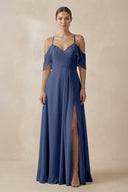 Chiffon A - Line Long Bridesmaid Dress in Navy - KissProm Bridesmaid Dresses