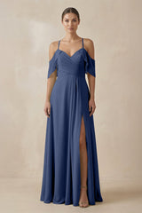 Chiffon A - Line Long Bridesmaid Dress in Navy - KissProm Bridesmaid Dresses