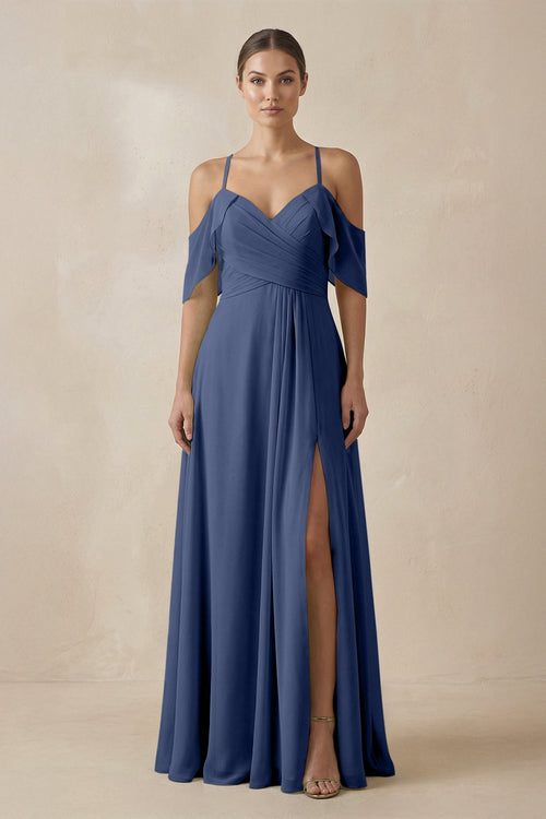 Chiffon A - Line Long Bridesmaid Dress in Navy - KissProm Bridesmaid Dresses