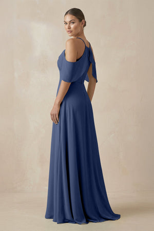 Chiffon A - Line Long Bridesmaid Dress in Navy - KissProm Bridesmaid Dresses