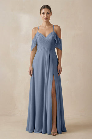 Chiffon A - Line Long Bridesmaid Dress in Neptune - KissProm Bridesmaid Dresses