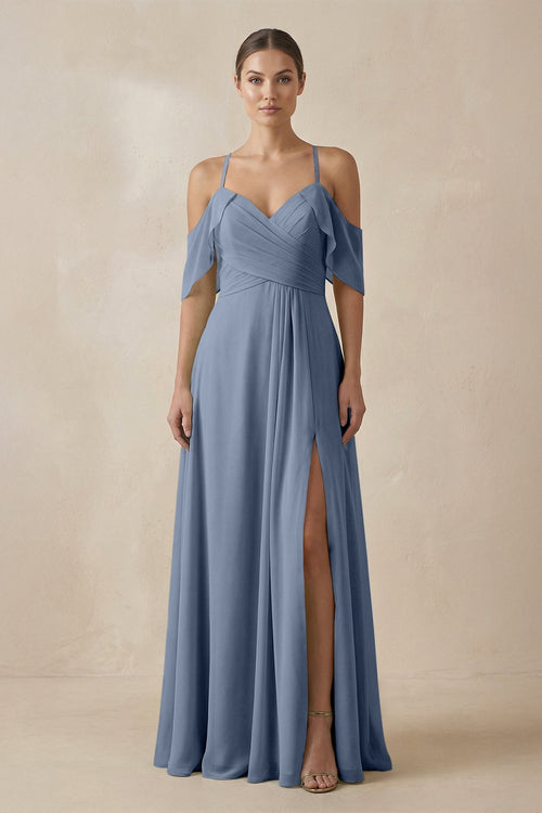 Chiffon A - Line Long Bridesmaid Dress in Neptune - KissProm Bridesmaid Dresses