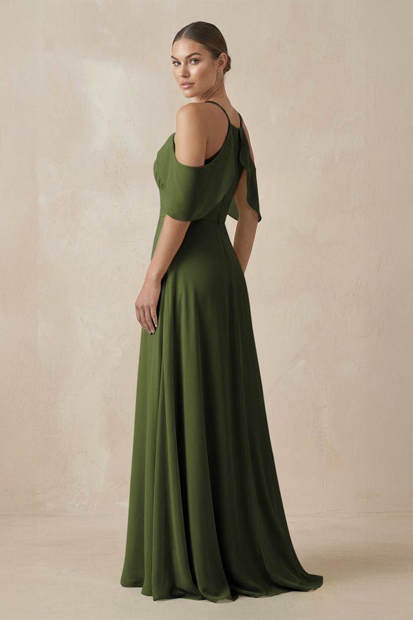 Chiffon A - Line Long Bridesmaid Dress in Olive - KissProm Bridesmaid Dresses
