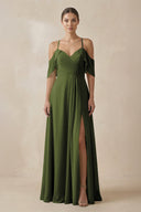 Chiffon A - Line Long Bridesmaid Dress in Olive - KissProm Bridesmaid Dresses