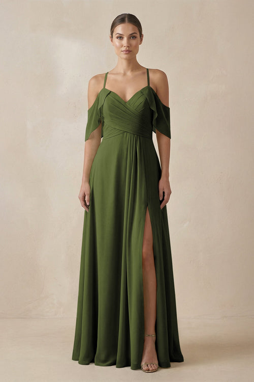 Chiffon A - Line Long Bridesmaid Dress in Olive - KissProm Bridesmaid Dresses