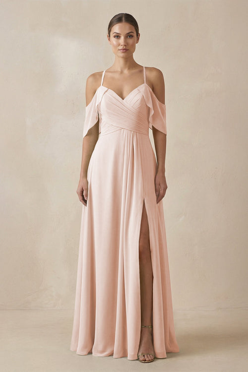 Chiffon A - Line Long Bridesmaid Dress in Pale Blush - KissProm Bridesmaid Dresses
