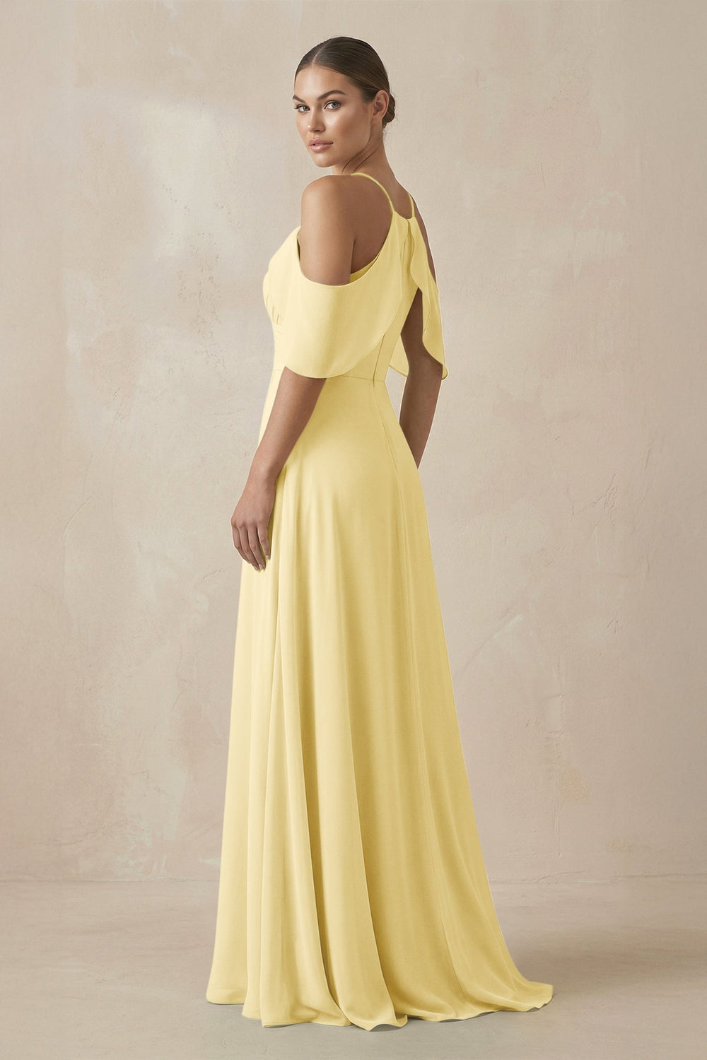 Chiffon A - Line Long Bridesmaid Dress in Pastel Yellow - KissProm Bridesmaid Dresses