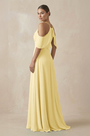 Chiffon A - Line Long Bridesmaid Dress in Pastel Yellow - KissProm Bridesmaid Dresses