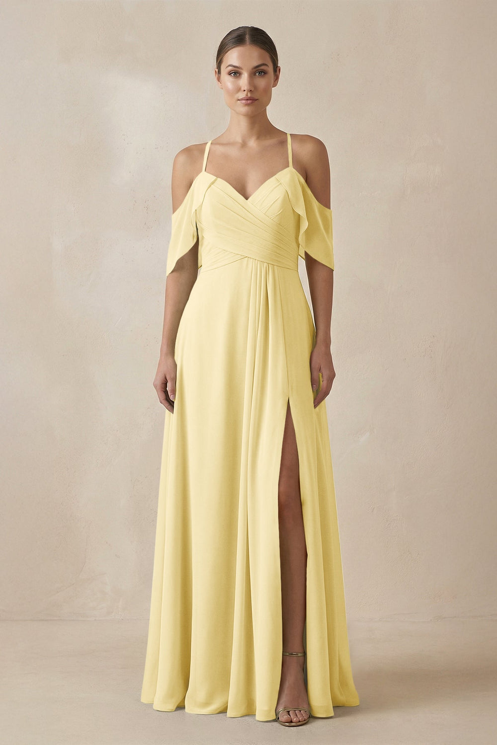 Chiffon A - Line Long Bridesmaid Dress in Pastel Yellow - KissProm Bridesmaid Dresses