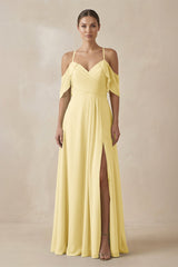 Chiffon A - Line Long Bridesmaid Dress in Pastel Yellow - KissProm Bridesmaid Dresses