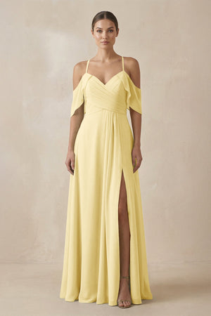 Chiffon A - Line Long Bridesmaid Dress in Pastel Yellow - KissProm Bridesmaid Dresses