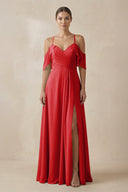 Chiffon A - Line Long Bridesmaid Dress in Ruby Red - KissProm Bridesmaid Dresses