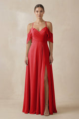 Chiffon A - Line Long Bridesmaid Dress in Ruby Red - KissProm Bridesmaid Dresses