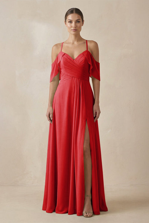 Chiffon A - Line Long Bridesmaid Dress in Ruby Red - KissProm Bridesmaid Dresses