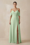 Chiffon A - Line Long Bridesmaid Dress in Sage - KissProm Bridesmaid Dresses