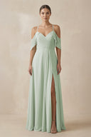 Chiffon A - Line Long Bridesmaid Dress in Sage - KissProm Bridesmaid Dresses