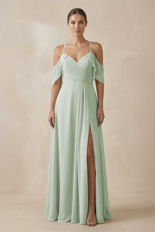 Chiffon A - Line Long Bridesmaid Dress in Sage - KissProm Bridesmaid Dresses
