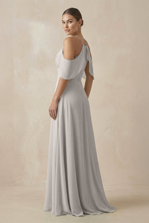 Chiffon A - Line Long Bridesmaid Dress in Silver - KissProm Bridesmaid Dresses