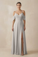 Chiffon A - Line Long Bridesmaid Dress in Silver - KissProm Bridesmaid Dresses