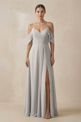Chiffon A - Line Long Bridesmaid Dress in Silver - KissProm Bridesmaid Dresses