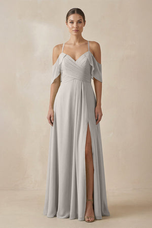 Chiffon A - Line Long Bridesmaid Dress in Silver - KissProm Bridesmaid Dresses