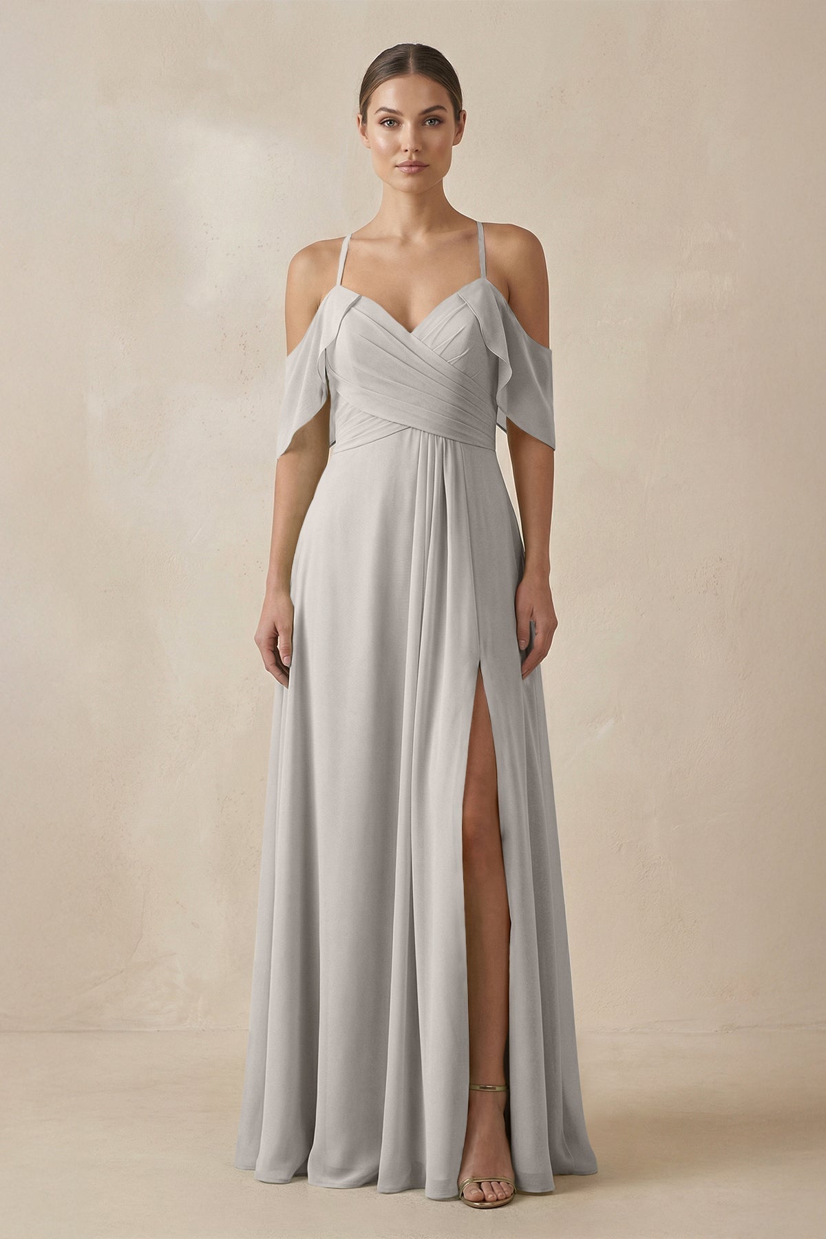 KissProm Chiffon A-Line Long Bridesmaid Dress in Silver, Silver / 0