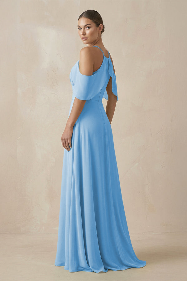 Chiffon A - Line Long Bridesmaid Dress in Steel Blue - KissProm Bridesmaid Dresses