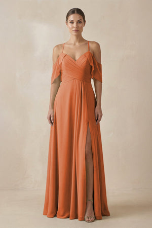 Chiffon A - Line Long Bridesmaid Dress in Terracotta - KissProm Bridesmaid Dresses