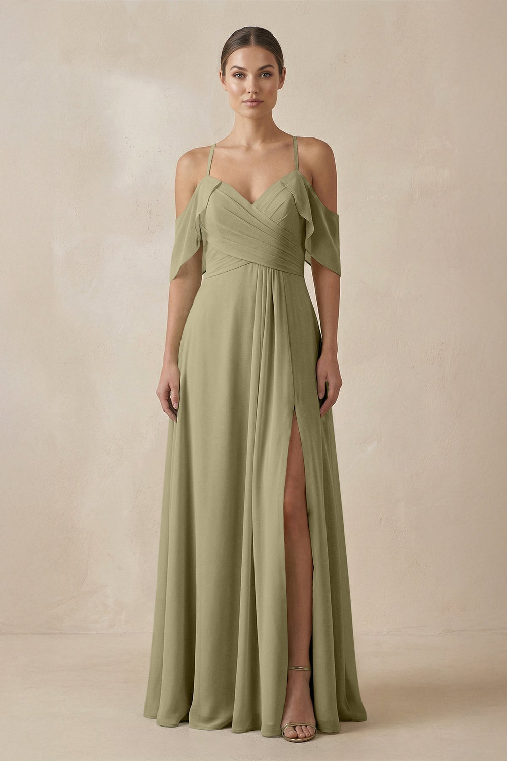 Chiffon A - Line Long Bridesmaid Dress in Thyme - KissProm Bridesmaid Dresses