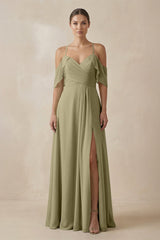 Chiffon A - Line Long Bridesmaid Dress in Thyme - KissProm Bridesmaid Dresses