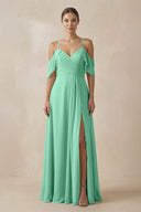 Chiffon A - Line Long Bridesmaid Dress in Turquoise - KissProm Bridesmaid Dresses