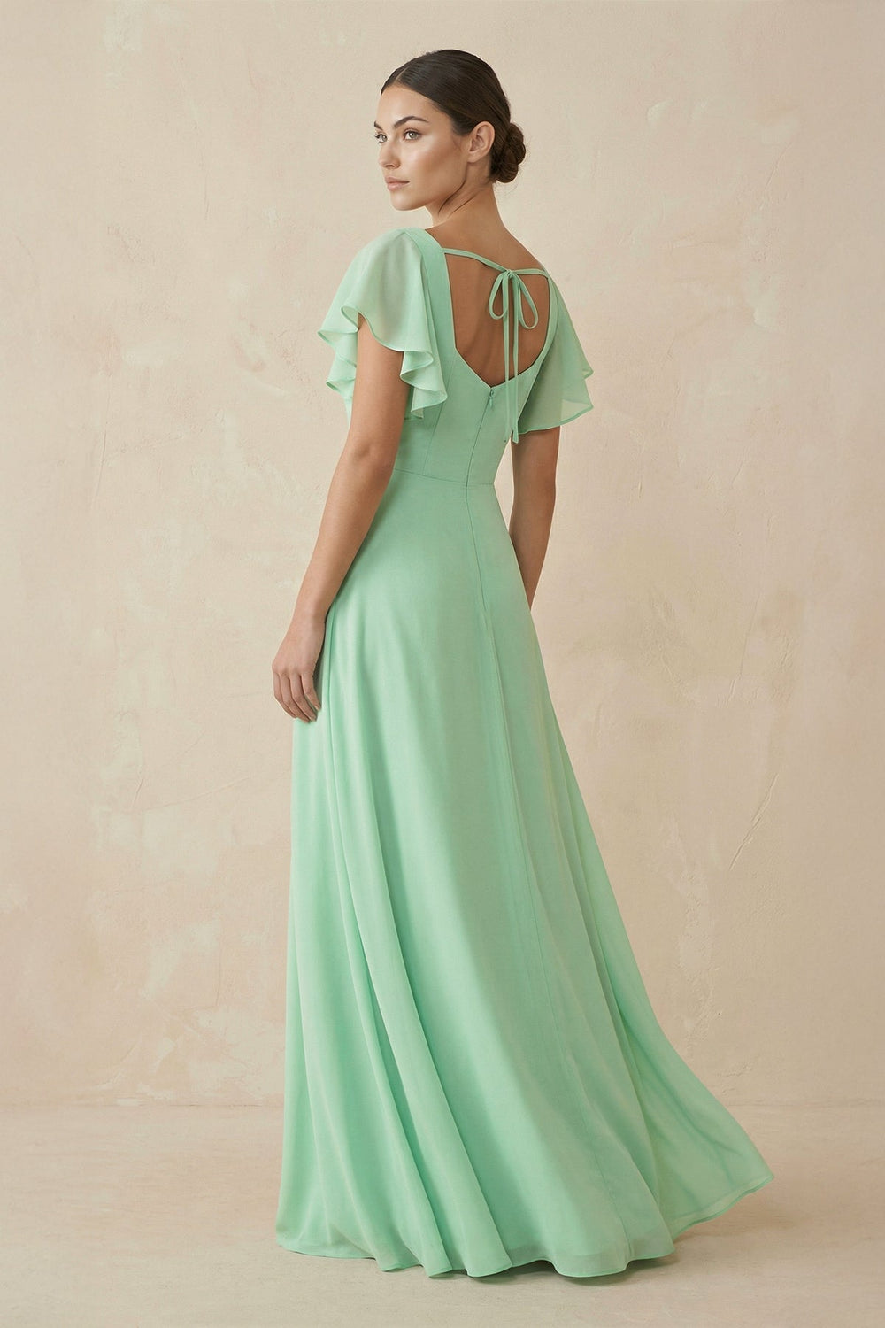 Chiffon A-Line Long Bridesmaid Dress with Flutter Sleeves in Pale Pistachio - KissProm BRIDESMAID DRESSES