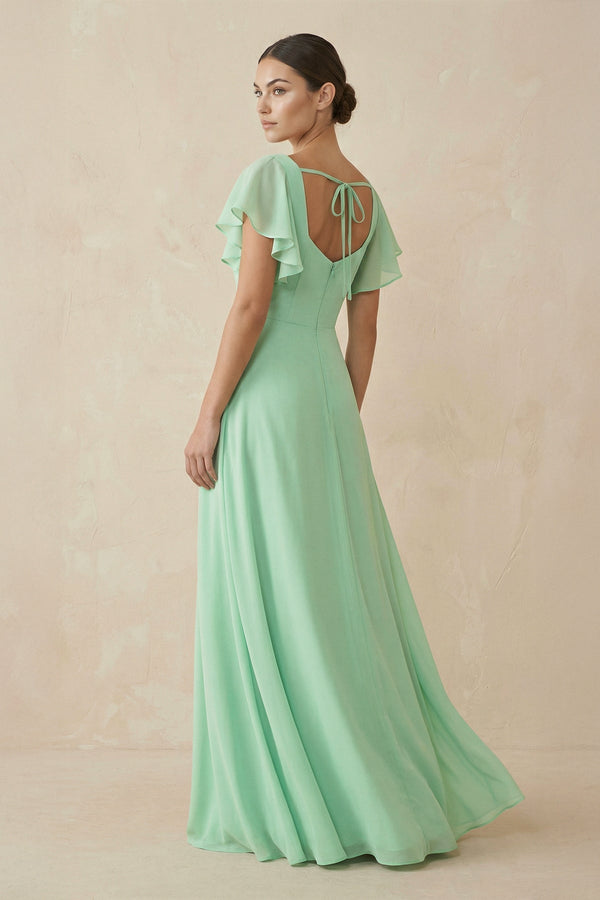 Chiffon A-Line Long Bridesmaid Dress with Flutter Sleeves in Pale Pistachio - KissProm BRIDESMAID DRESSES