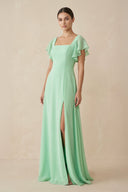 Chiffon A-Line Long Bridesmaid Dress with Flutter Sleeves in Pale Pistachio - KissProm BRIDESMAID DRESSES