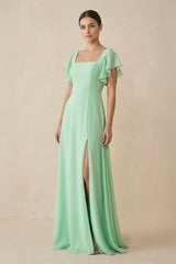 Chiffon A-Line Long Bridesmaid Dress with Flutter Sleeves in Pale Pistachio - KissProm BRIDESMAID DRESSES