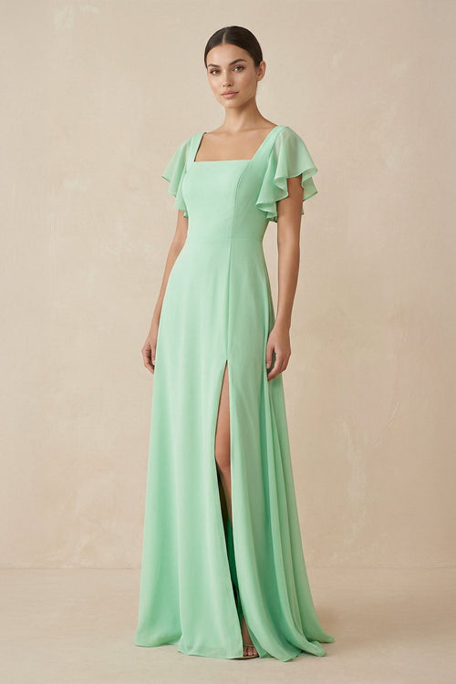 Chiffon A-Line Long Bridesmaid Dress with Flutter Sleeves in Pale Pistachio - KissProm BRIDESMAID DRESSES