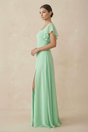 Chiffon A-Line Long Bridesmaid Dress with Flutter Sleeves in Pale Pistachio - KissProm BRIDESMAID DRESSES