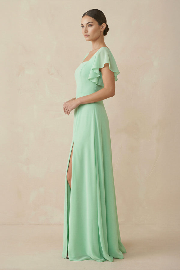 Chiffon A-Line Long Bridesmaid Dress with Flutter Sleeves in Pale Pistachio - KissProm BRIDESMAID DRESSES