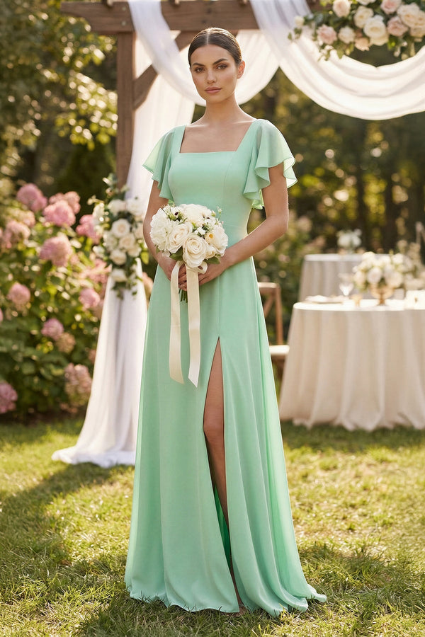 Chiffon A-Line Long Bridesmaid Dress with Flutter Sleeves in Pale Pistachio - KissProm BRIDESMAID DRESSES