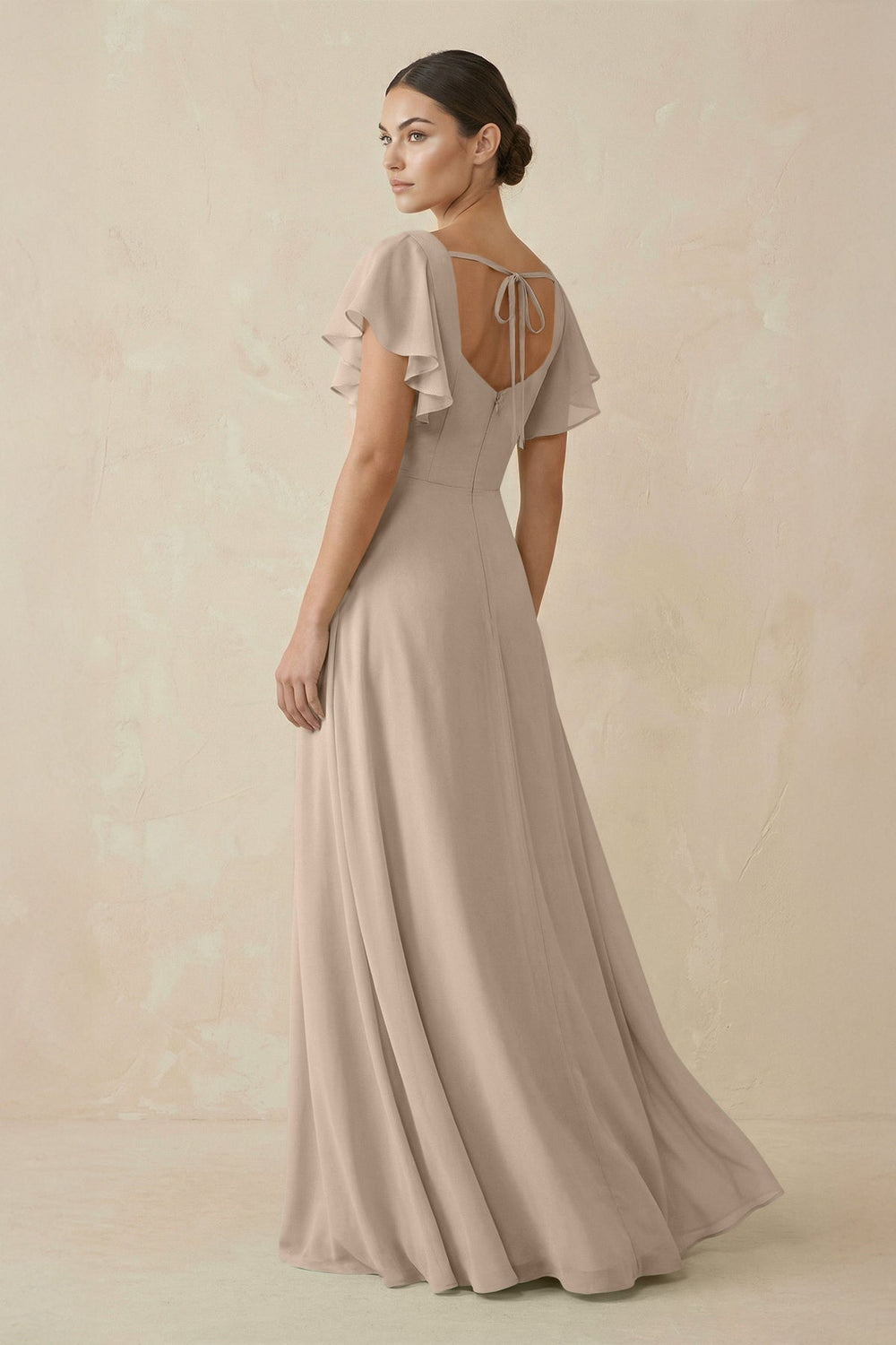 Chiffon A - Line Long Bridesmaid Dress with Flutter Sleeves in Almond - KissProm Bridesmaid Dresses