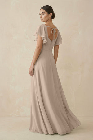 Chiffon A - Line Long Bridesmaid Dress with Flutter Sleeves in Almond - KissProm Bridesmaid Dresses